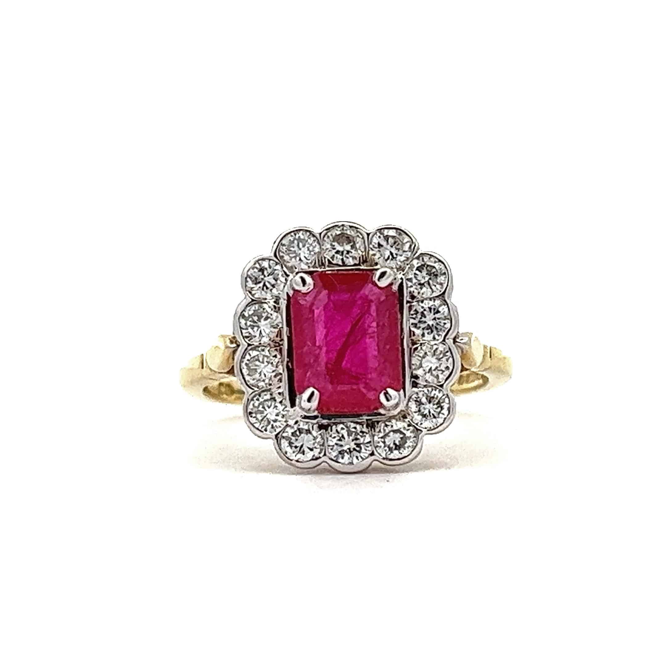 18ct Gold Ruby and Diamond Emerald Cut Cluster Ring - Charles Nobel