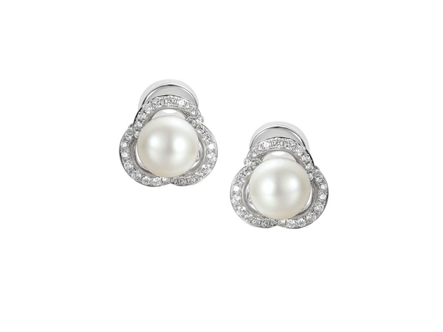 Silver Pearl Clip On Earrings - Cz - Charles Nobel